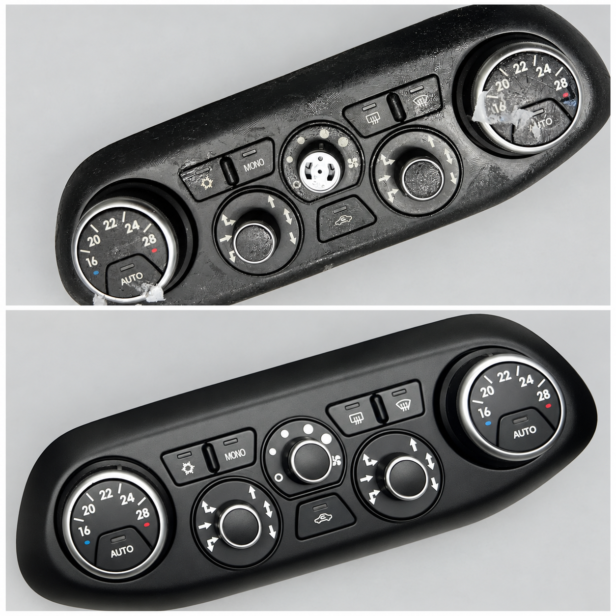 Climate control panel before restoration at the top, showing peeling surfaces and worn markings, and after restoration below with renewed finish and button symbols